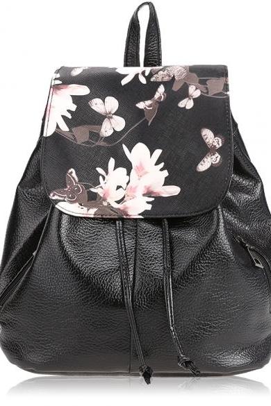 Floral Print Backpack with Front Flap and Drawstring Closure