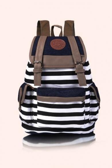 Lady Girl Women Unisex Backpack Canvas Stripe Leisure School Bag