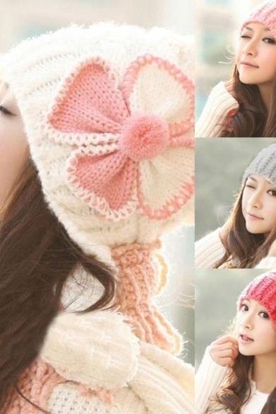 Stylish Women&amp;amp;#039;s Knit Winter Warm Cap Hat Ski Slouch Flower Pattern