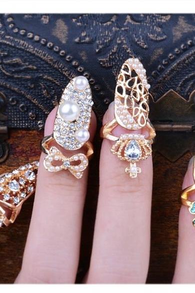 Fashion Bowknot Crown Crystal Finger Nail Art Ring Jewelry Fake Nail Art Finger