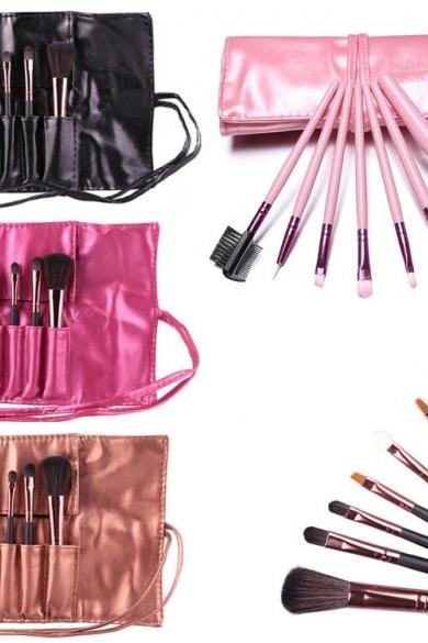 Hot Sale 7 Pieces Travel Makeup Brush With Faux Leather Roll Pouch Bag