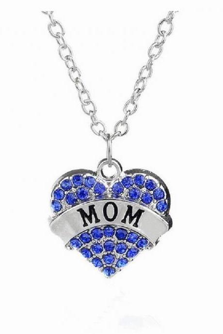 Heart Shape Diamond Embellished Necklace with Mom / Sister Engraved - Blue , White , Pink
