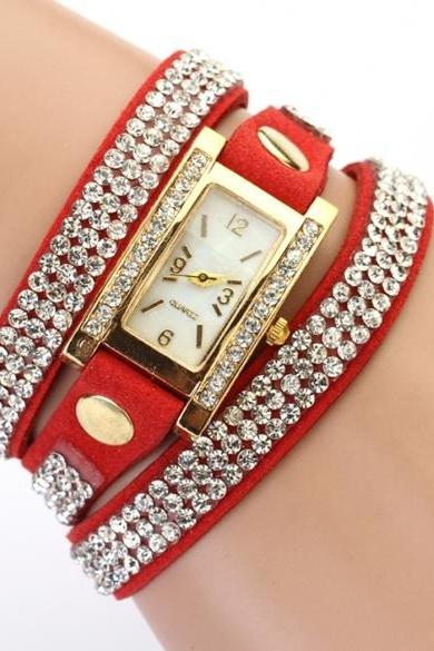 Women's Vintage Square Dial Rhinestone Weave Wrap Multilayer Leather Bracelet Wrist Watch Watches