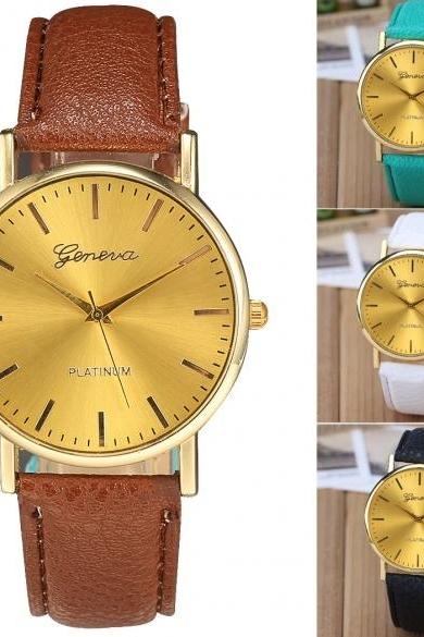 Fashion Women Gold Case Wristwatch Synthetic Leather Band Quartz Analog Casual Wrist Watch