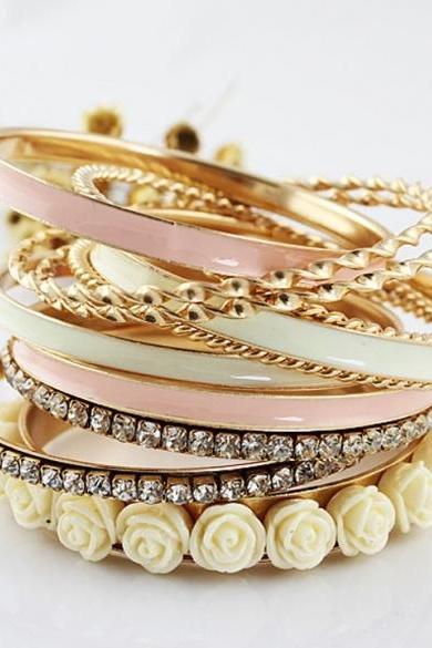 11 Pcs Jewelry Flowers Rhinestone Charm Multilayer Bracelet Golden