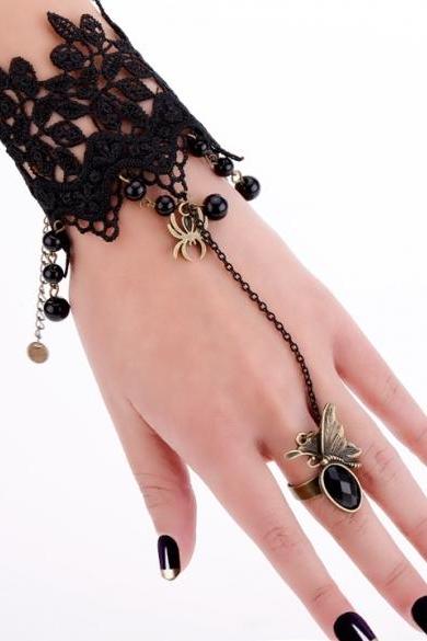 Fashion Women Black Lace Flower Bracelets With Ring Butterfly Tassels Beads