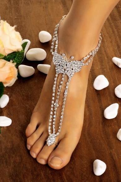 Hot Fashion Women Butterfly With Toe Ring Foot Chain Rhinestone Barefoot Wedding Bride Anklets