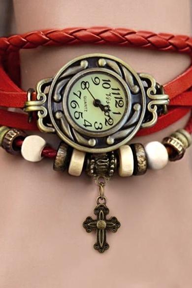 Women's Quartz Cruciate Flower Pendant Weave Wrap Bracelet Wrist Watch
