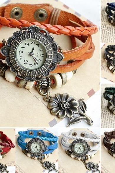 Quartz Sunflower Weave Wrap Synthetic Leather Bracelet Women&amp;amp;#039;s Wrist Watch