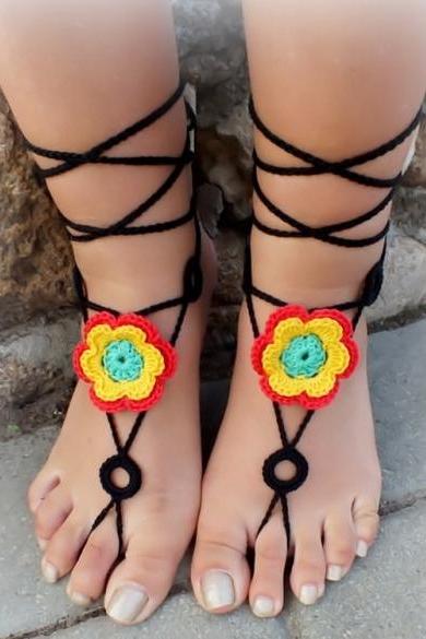 Fashion Women Hand-made Knit Crochet Floral Hollow Out Lace Up Casual Beach Anklets