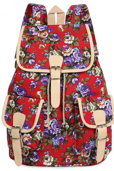 Flower Print Drawstring Flap Buckle Backpack