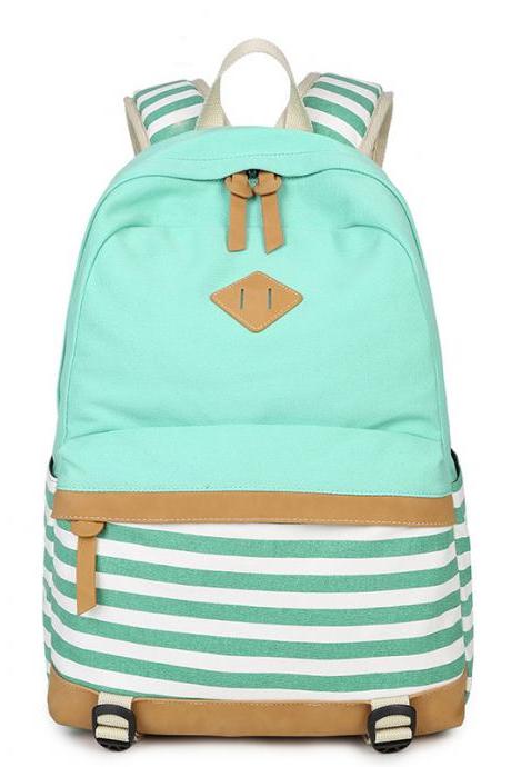 Stripe Print Fashion Canvas Backpack School Travel Bag