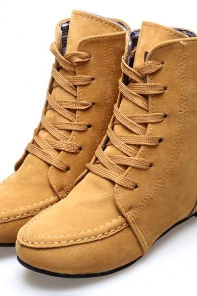 Fashion Women Round Toe Martin Boots Lace-up Invisible Heel Ankle Boots Shoes 4 Colors