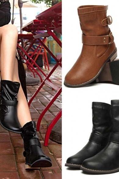 Women Shoes Fashion-mid-calf Flat Heel British Driving Short Boots