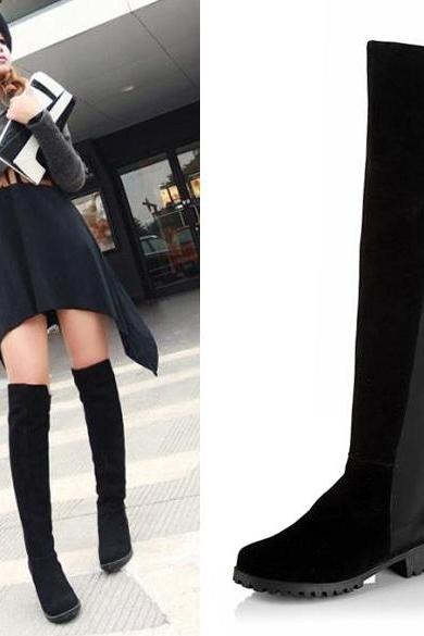 Black Fashion Women's Shoes Over the knee Faux Suede High Flat Boots