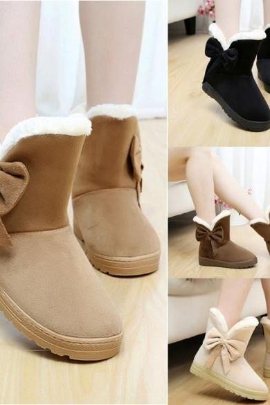 High Quality Women Winter Snow Boots Warm Flat Heel Solid Bowknot Snow Boots Ankle Platform Mid Shoes