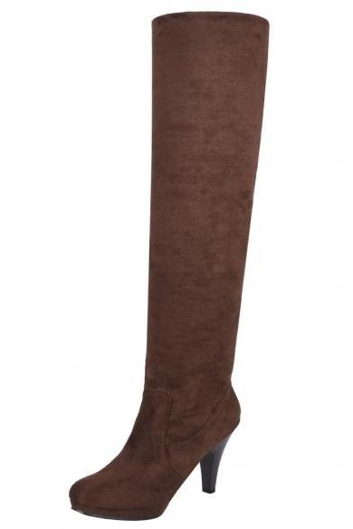 Faux Suede Rounded-Toe Over-The-Knee High Heel Boots