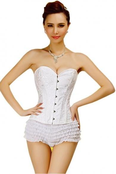Ladies Vintage Style Lace up Lingerie Corset Bustier Tapestry Overbust Shapers Corset + T-string