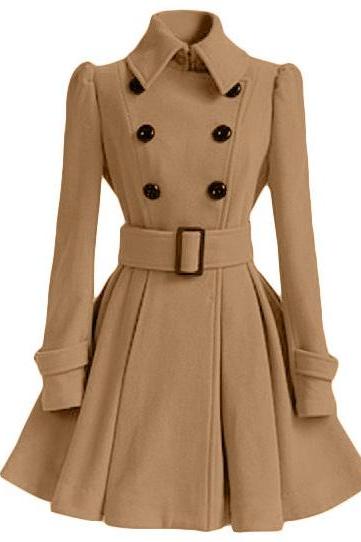Flared Hem Turn-down Collar Slim Double Button Wool Coat With Belt（ct16880911006）