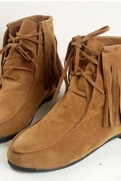 Tassel Lace Up Increased Flat Short Boots