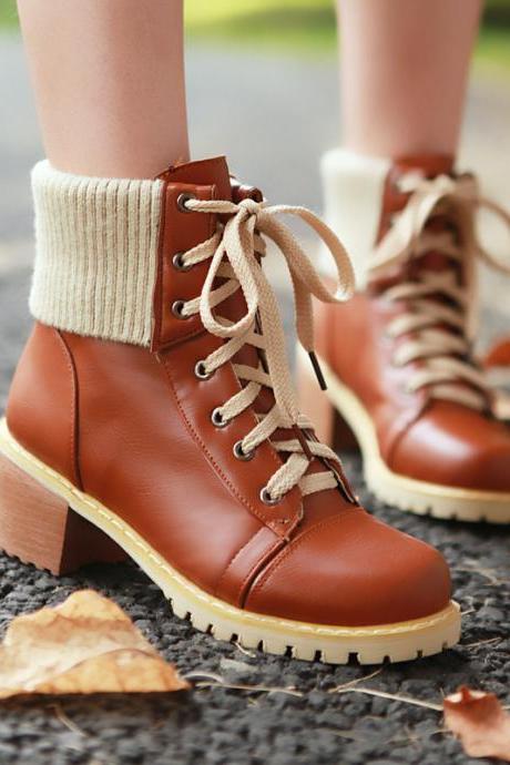 Retro Style Lace Up Patchwork Snow Motorcycle Boots