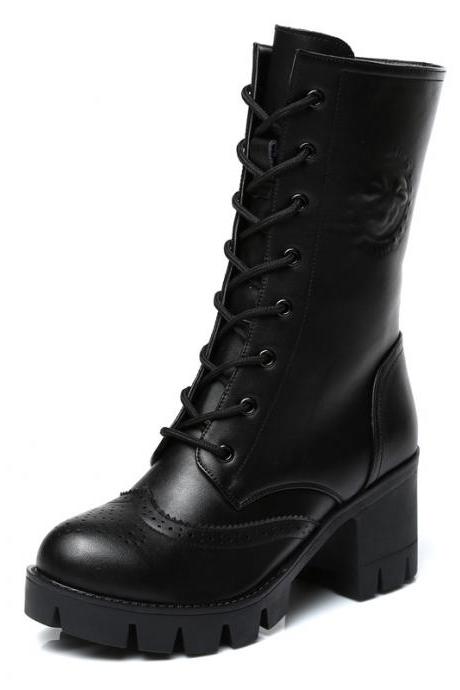 Winter Leather High Heels Lace Up Short Martin Boots