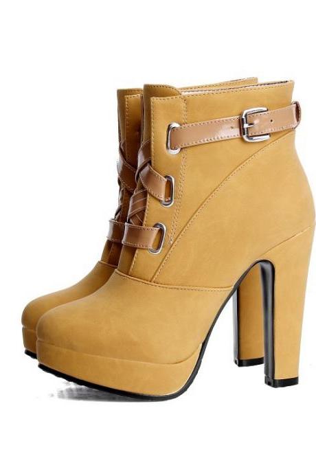Unique Chunky Heel Winter Lace Up Buckle Martin Boots