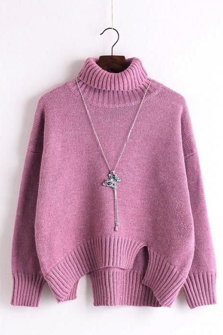 High Neck Solid Knit Pullover Short Split Sweater