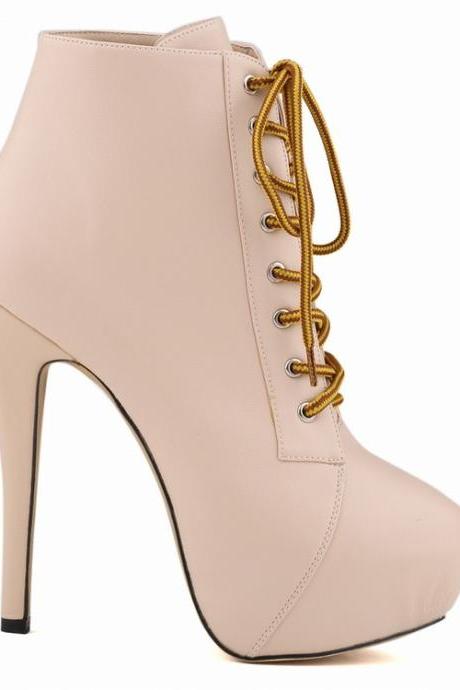 Nude Coloured Round Toe High Heel Ankle Boots with Laces 