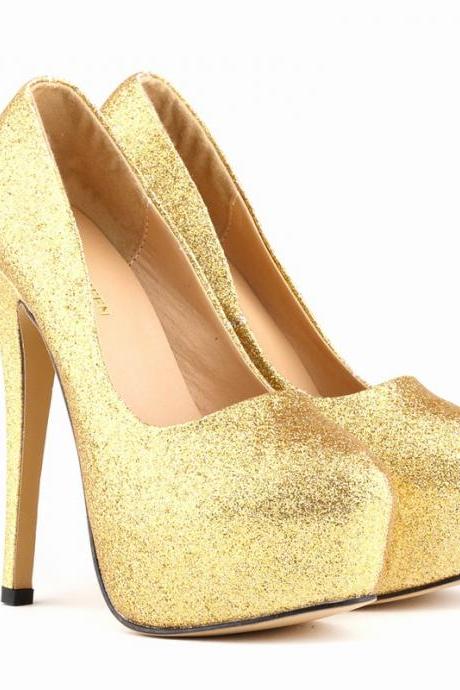 Rounded Toe Glittery and Shimmery Stiletto Pumps, Party Heels