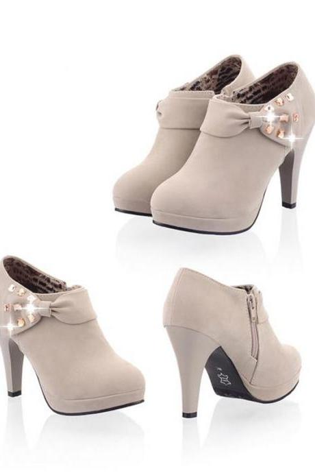 Bowknot Rivet Ankle High Heels Boots