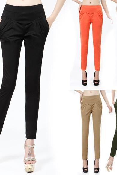 Women Harlen Colorful High-Waisted Pants Trousers Elastic Waist