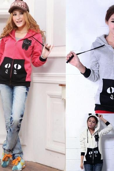 Women's Girls Fashion Cute Zip Ear Hoodie Cat Long Hooded Sweatshirt Coat Outwear