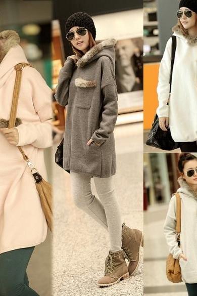 Fashion Lady Bat Sleeve Long Hoodie Faux Fur Collar Women Loose Thick Sweater