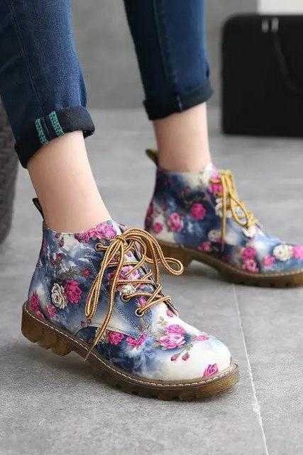 Rose Printed Lace-Up Combat Boots