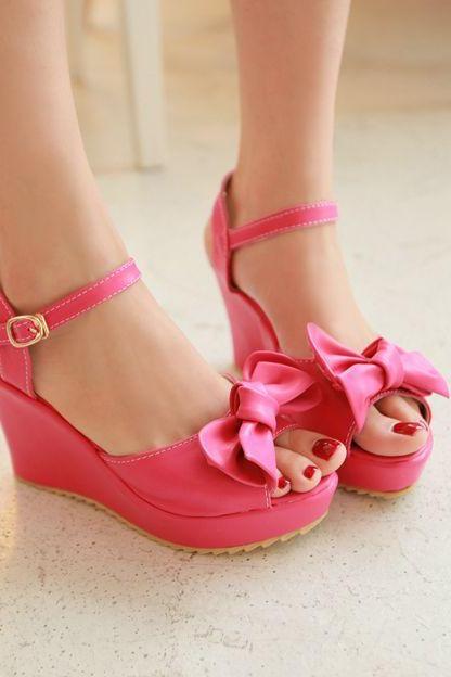 Bowknot Sweet Candy Color Peep-Toe Wedge Sandals