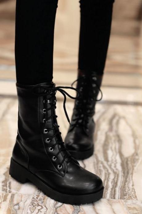 Classic Black Lace Up Flat Short Boots