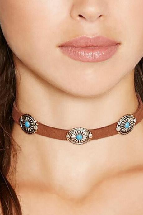 Bohemian Contracted Metal Faceplate Stone Collar Necklace