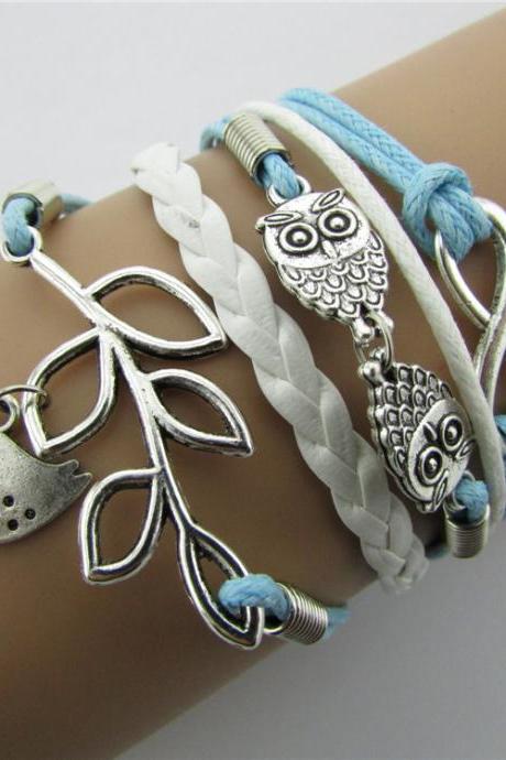 Fashion Owl Leaves Bright Hand-made Leather Bracelet