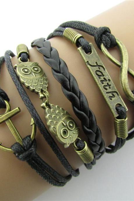 Beautiful Owl Anchor Hand-made Leather Cord Bracelet