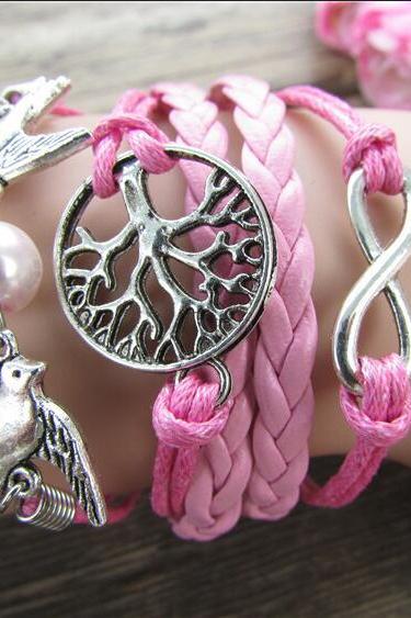 Pink Dove Tree Hand-made Leather Cord Bracelet