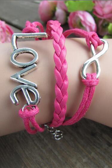 LOVE 8 Multilayer Pink Leather Cord Bracelet