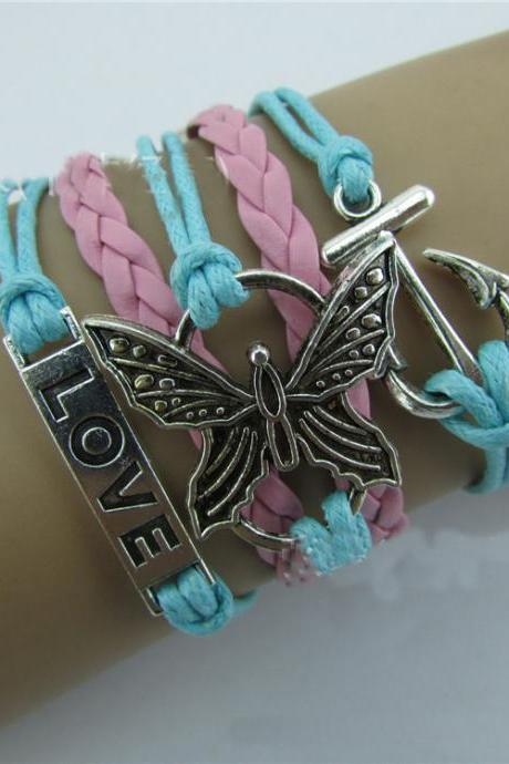 Butterfly Anchor Love Retro Leather Woven Friendship Bracelet