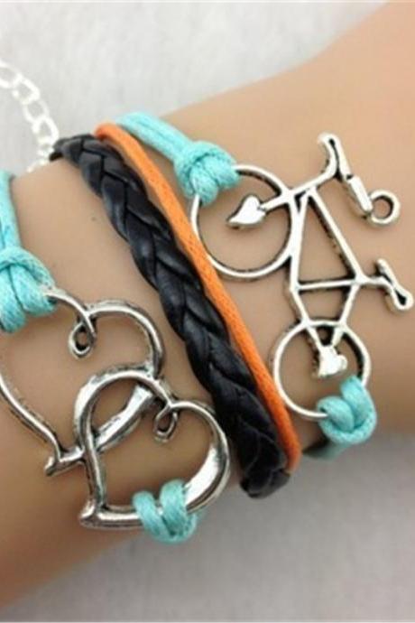 Double Heart Bicycle Multilayer Fashion Leather Bracelet