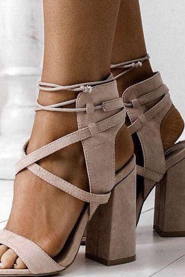 Open Toe Strappy Suede Sandals with Chunky High Heel - Blue / Green / Beige 