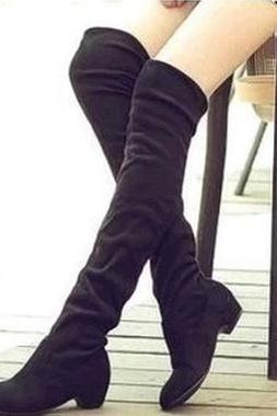 Faux Suede Rounded-toe Knee High Flat Boots
