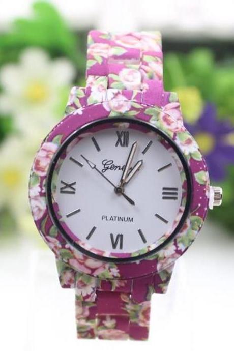 Flower Print Plastic Strap Watch