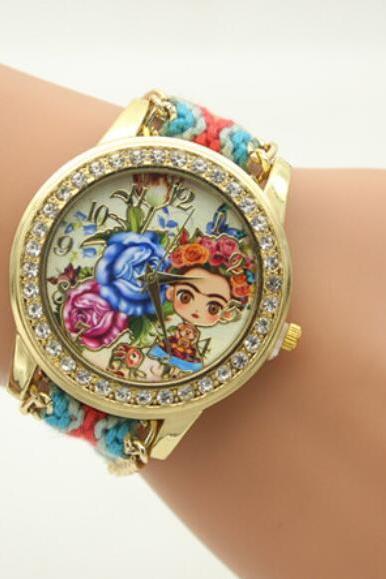 Flower Beauty Print Woven Strap Watch