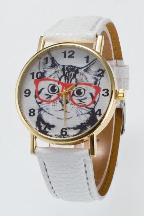 Glasses Cat Face Dial Pu Watch