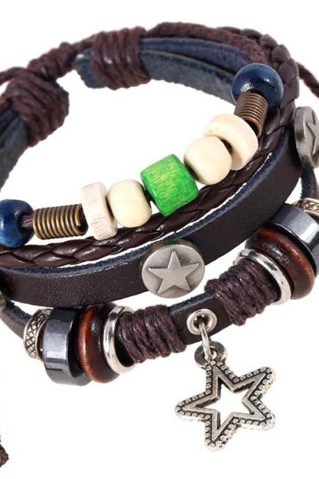 Star Pendant Multilayer Leather Bracelet